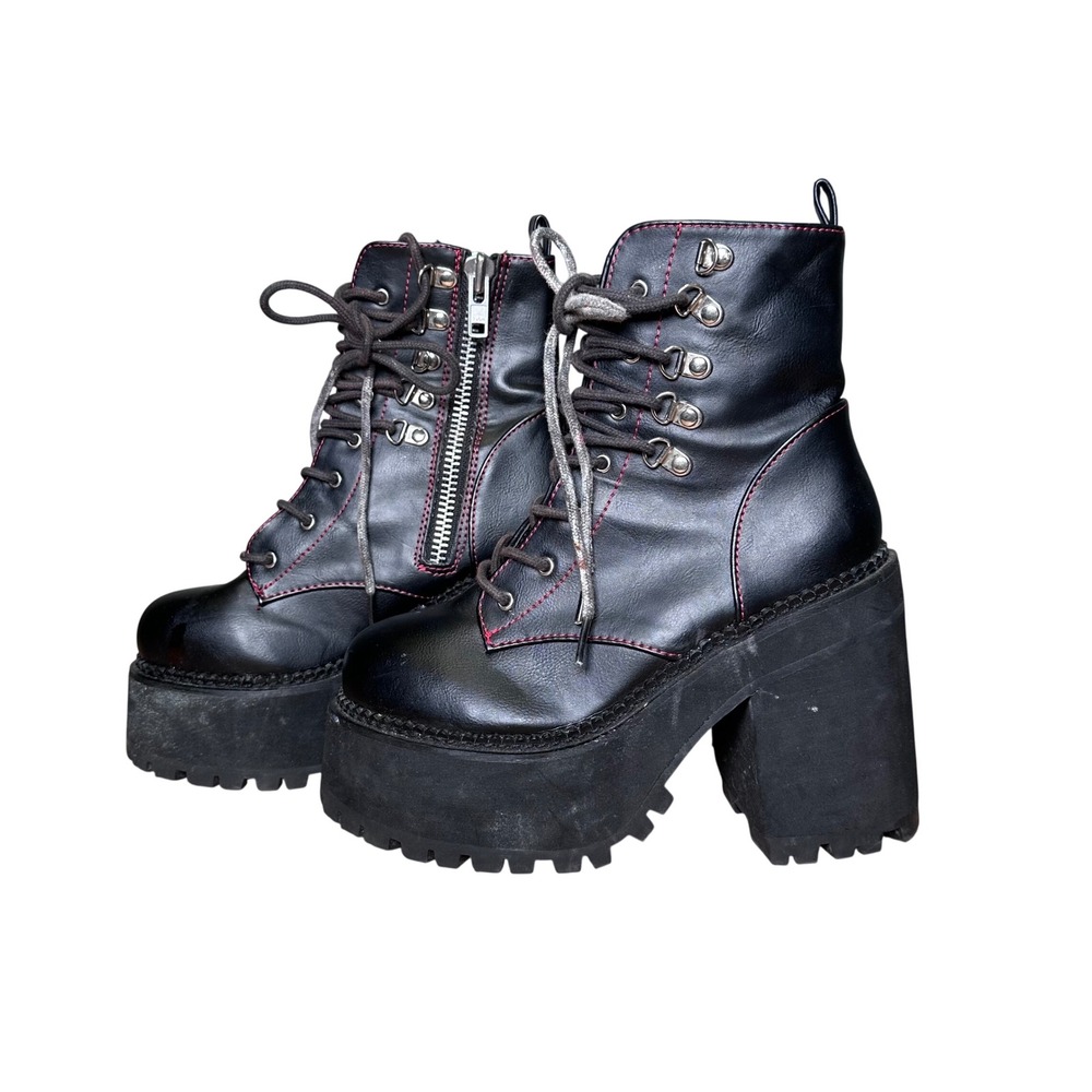 Demonia Assault-100 Black Platform Combat Boots Red Stitching Womens Size 7